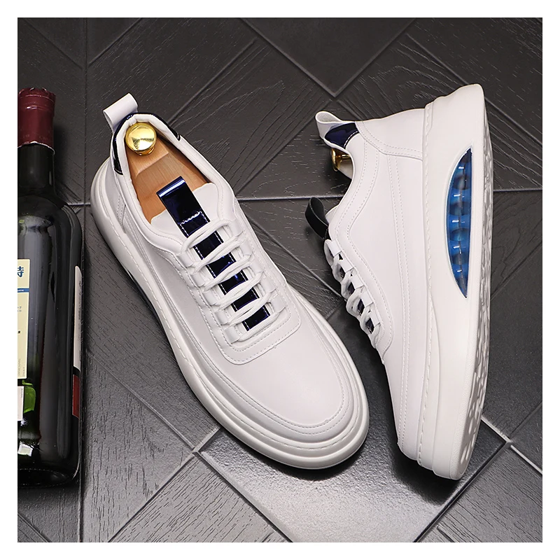 British style mens casual white shoes lace-up genuine leather flats shoe comfortable air cushion sneakers platform footwear male