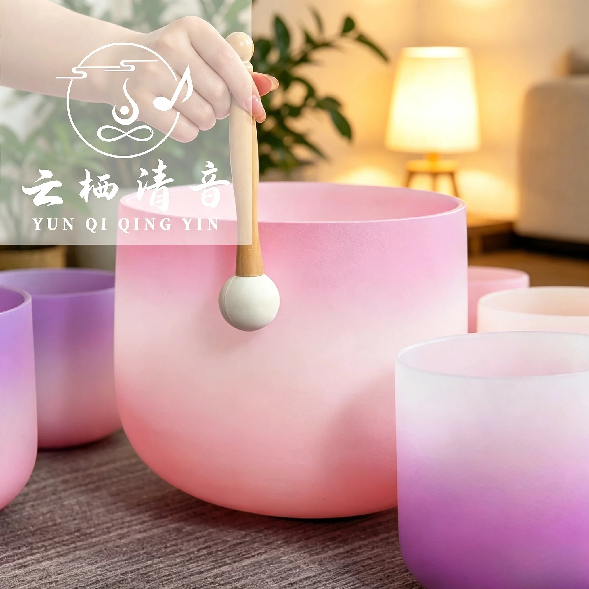 YUN QI QING YIN 10 Inch Pink Crystal Singing Bowl Dual Frequency 432Hz 440Hz Chakra Balancing Sound Bath Bowl Spiritual Relax Anxiety Relief Yoga Healing Instrument