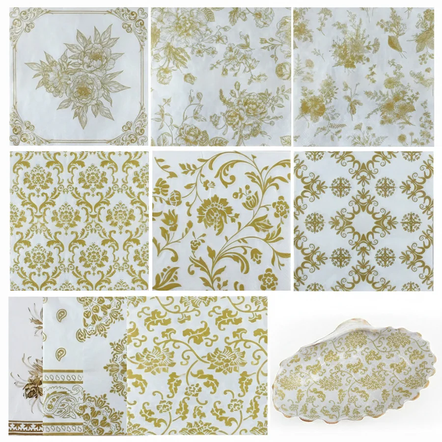 Serviettes en papier à motif floral vintage, 20 pièces, motif de fleurs dorées, jetables, pour mariage, fête, découpage, artisanat, décoration de table élégante