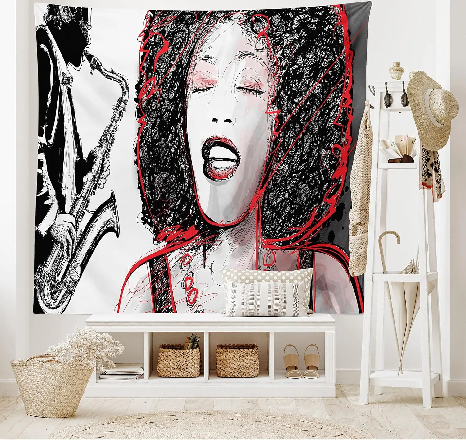 Bohemian Jazz Music Tapestry Wall Hanging Retro Art Decor Saxophone Singer Graphic Print Jazz Lover Room Decor Abstract Vintage