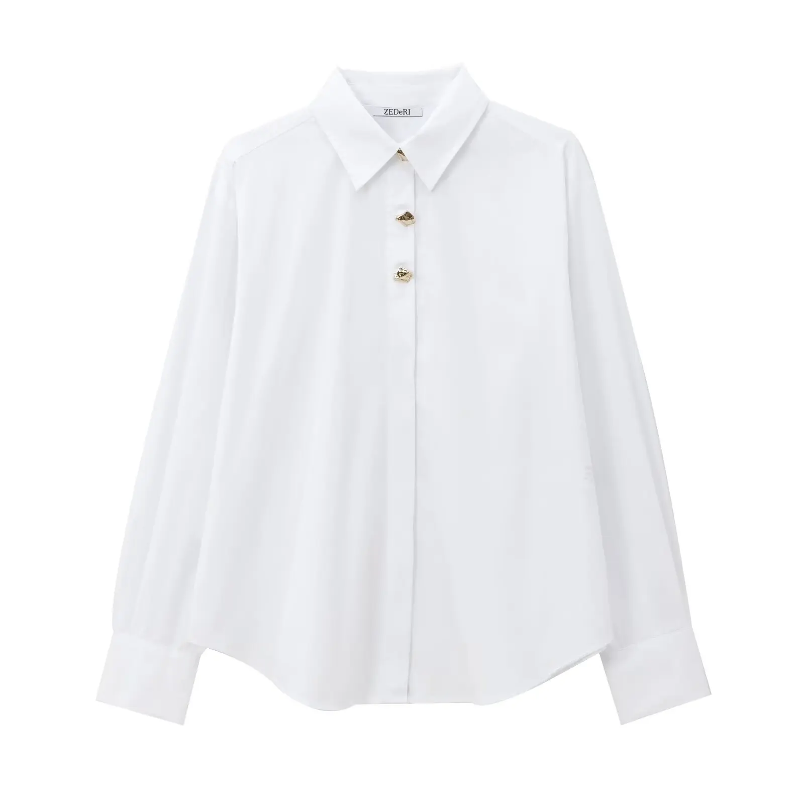 

ZAB Autumn New Women's Faion Design Golden Button Embellied Silk irt Long Sve Turn-down Collar Street Sle Polyeste...