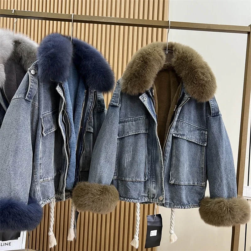 New Winter Clothes European Real Fur Collar Fox Fur Detachable Denim Jacket Loose Thick Long Sleeve Warm Streetwear Jean Coats