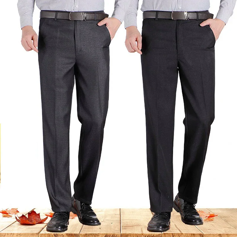 New Arrival Mens Casual Business Pants Men Mid Full Length Soft Trim Brand Trousers Regular Straight Black Grey Large Size 28-40