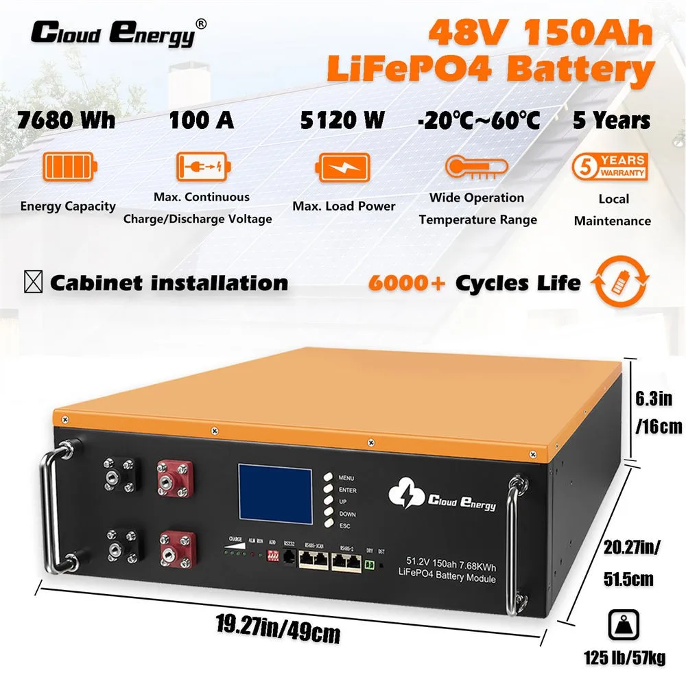 Cloudenergy CL48-150A 48V 150Ah LiFePO4 Battery, 7.2kWh Deep Cycle Solar Storage Battery with 100A BMS, 6000+ Cycles at 80% DOD, High-Temperature Protection, Rechargeable via Solar, AC Outlet or Generator for Home Backup Power