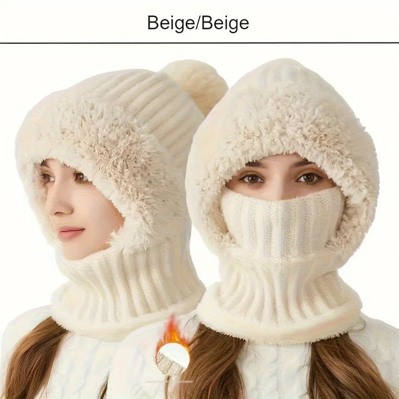 Women'S Winter Fleece-Lined Beanie Hat & Neck Gaiter -Windproof Warm Winter Cap Scarf with Adjustable Drawstring