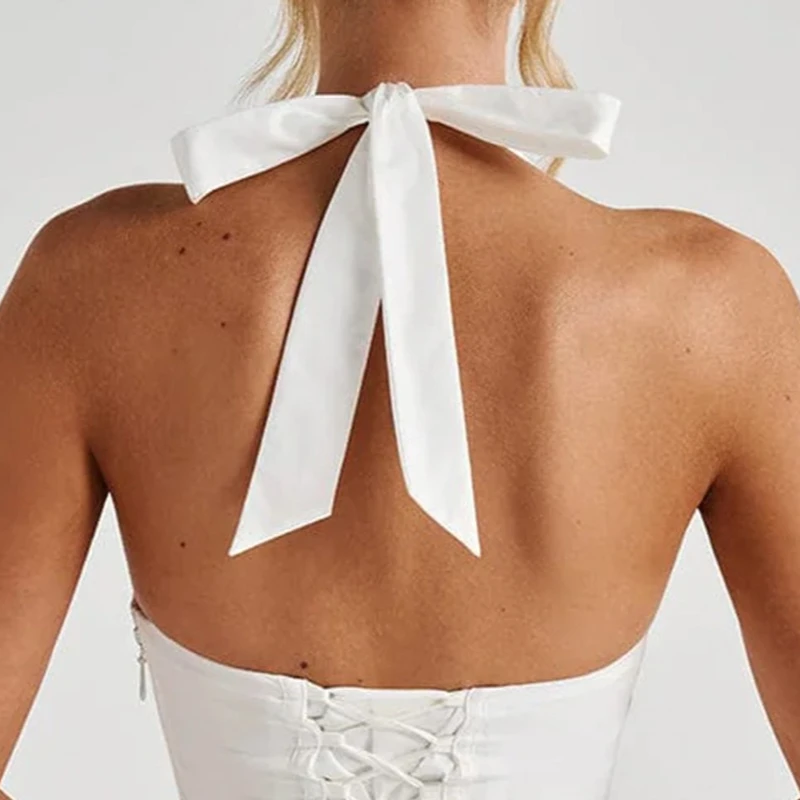 

Off Shoulder Backless Sexy Dresses Women's Summer Halter White Elegant V Neck Sleeveless Prom Evening Party Ladies Mini Dress