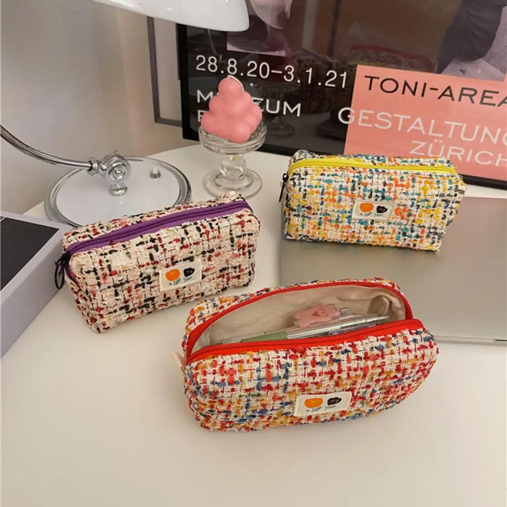 Pencil Case Woven Flower Pattern Zipper Closure Large Capacity Dust-proof Storage Polyester Pencil Pouch Stationery Bag for Girl