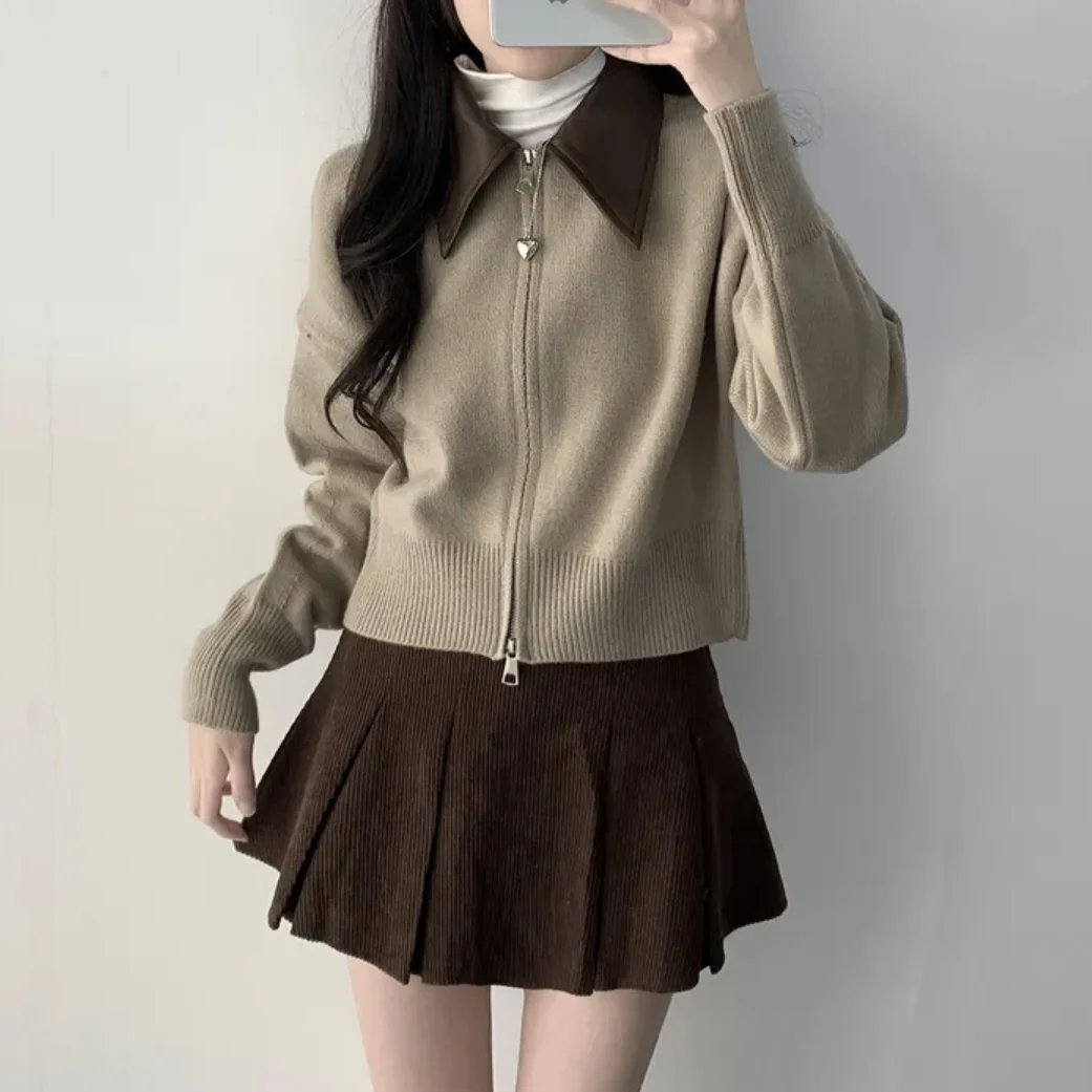 Elegancki sweter damski z zamkiem błyskawicznym, modny, wyszczuplający kardigan, długi sweter dzianinowy dla kobiet o niskiej staturze.