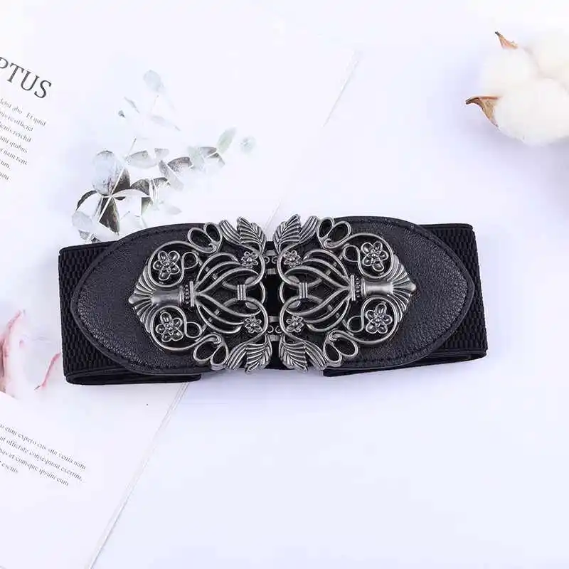 เข็มขัดแฟชั่นวินเทจสำหรับผู้หญิง ใส่กับชุดเดรส งานปาร์ตี้ งานแต่งงาน สวยงาม ยืดหยุ่นได้ รัดเอวได้ดี สีดำ สำหรับกระโปรงและเด็กผู้หญิง