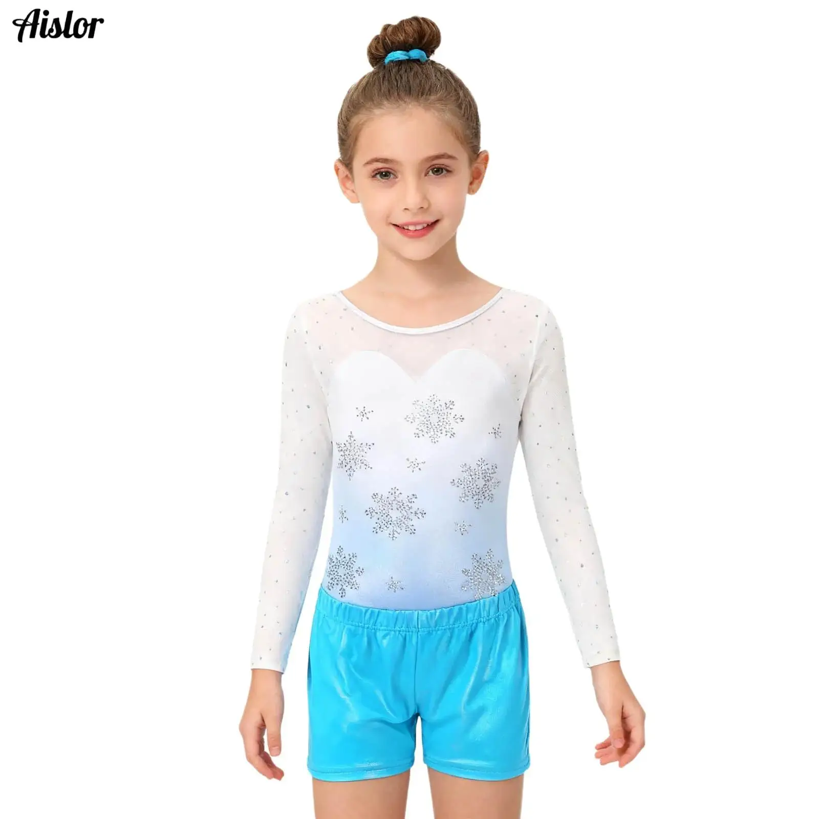 

Kids Girls Gymnastics Leotards Outfit Sparkly Rhinestones Mesh Long Sleeve Bodysuit+Shorts+Hair Tie for Skating Dance Training