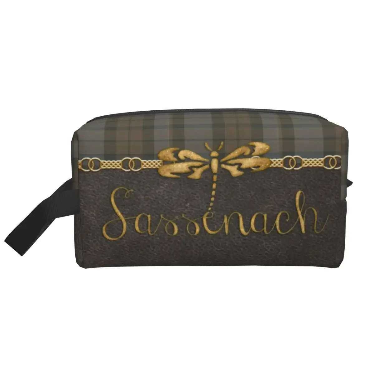 Leather And Tartan Sassenach Dragonfly Pattern Toiletry Bag for Modern Plaid Check Texture Makeup Cosmetic Ladies Dopp Kit Box