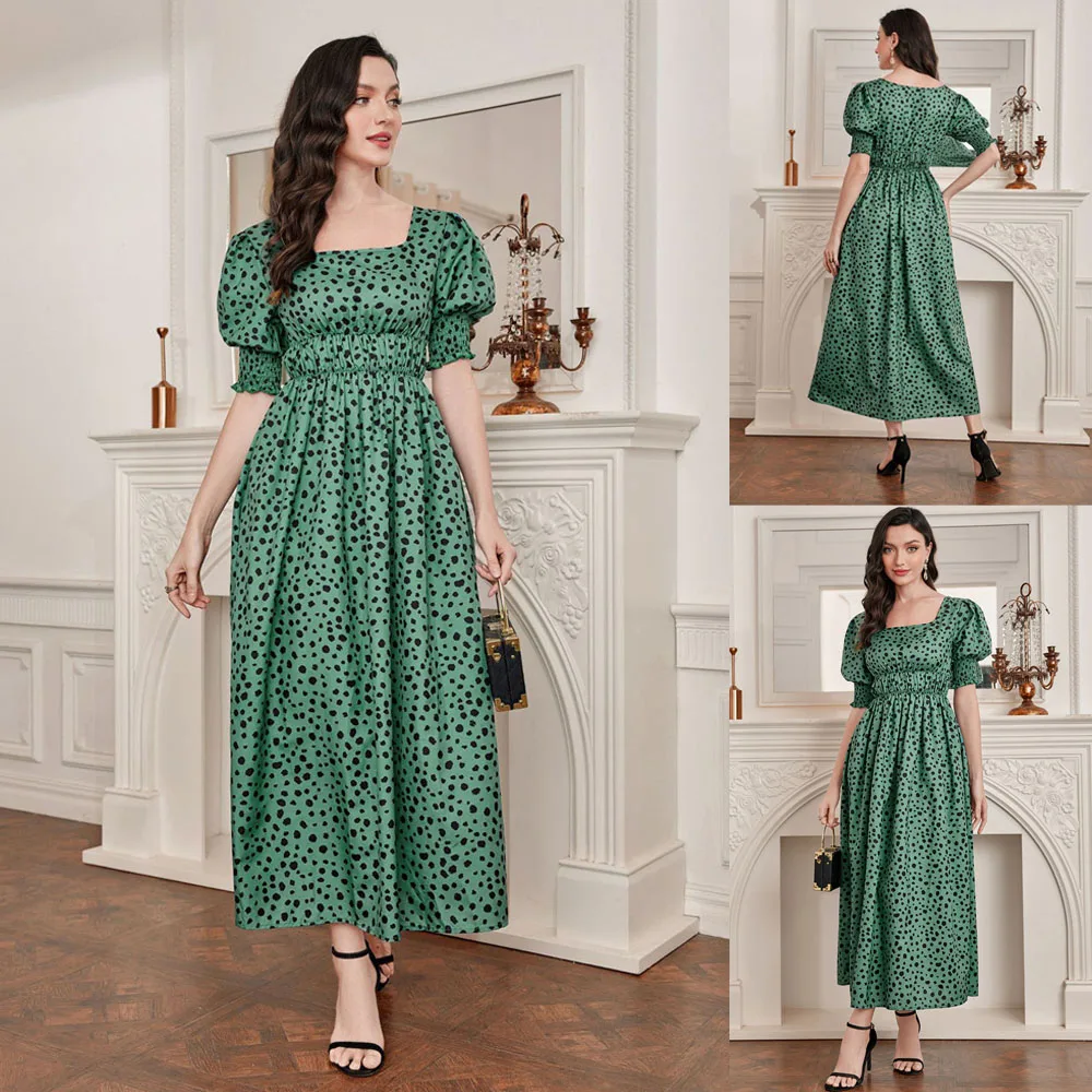 

Fashion Women's Jalabiya Chic Printing Short Sleeve Square Collar A-Line Elegant Abaya for Female Dubai Summer Islamic Sundress