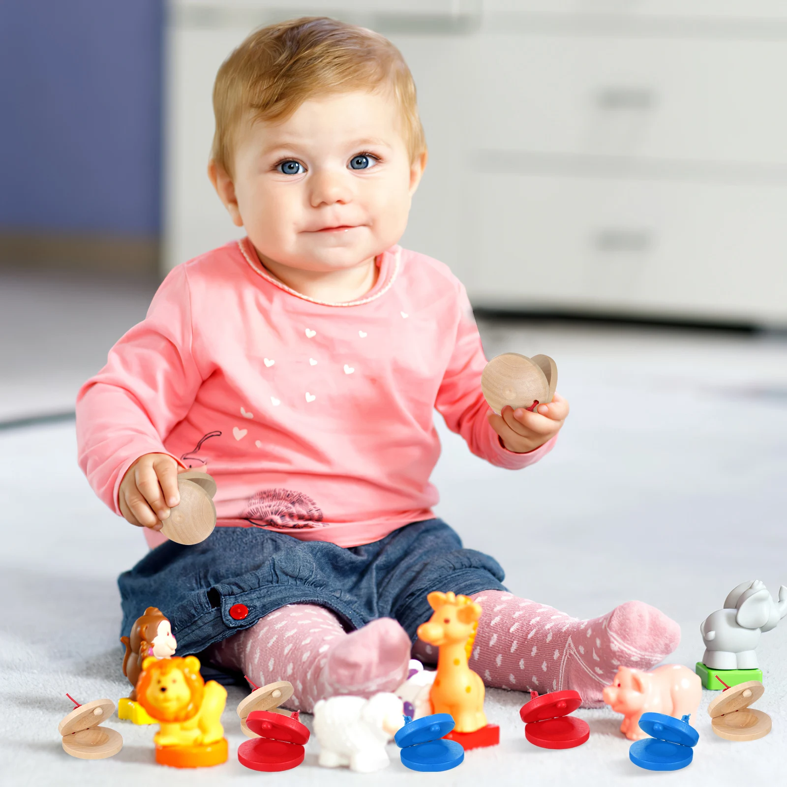

12pcs Wooden Castanets Musical Instruments Kids Educational Toys Toddler Finger Percussion Baby Wood Castanet Flapper Early