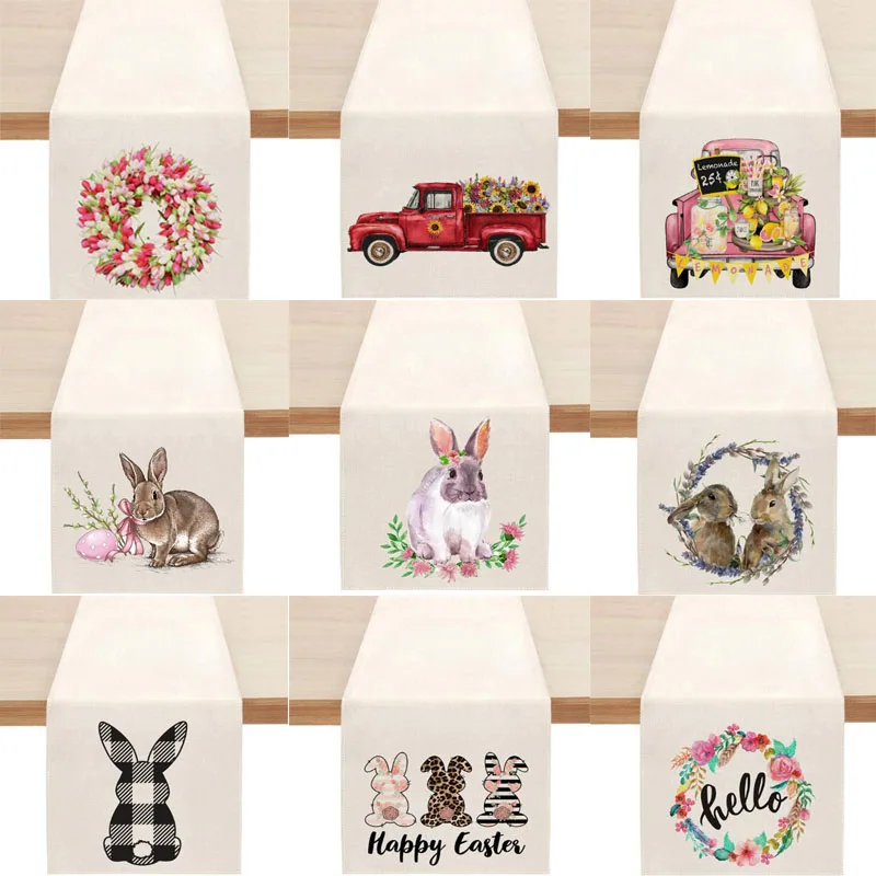 

Popular Linen Easter rabbit flower cow printed table runner flag cover kitchen tablecloth party Table decoration and accessories