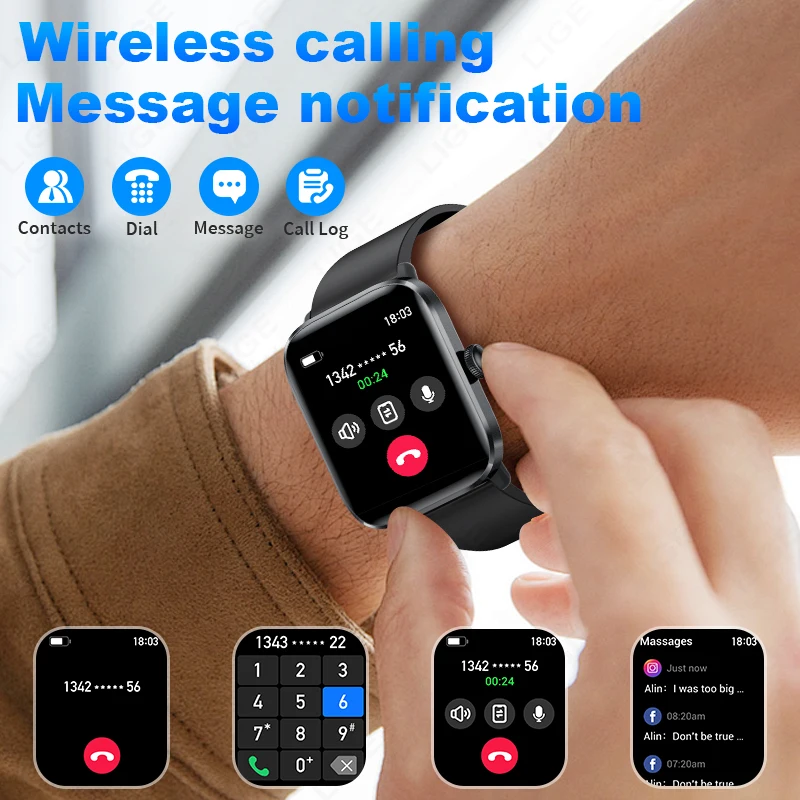 

LIGE Smart Watch 100+ Sports Modes Wireless Calling IP68 Waterproof Heart Rate Music Control Men Women Smartwatch Android IOS