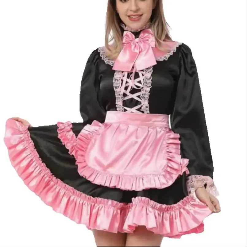 

Fashionable Adult Giant Baby Black Satin Princess Dress Pink High Neck Bow Dress Sissy Colorblock Lockable