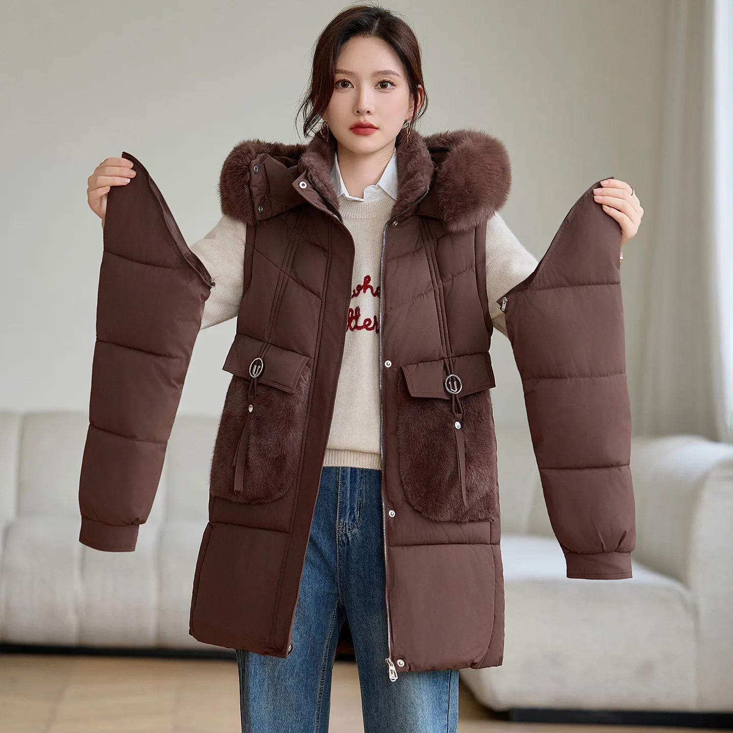 

Женская зимняя теплая куртка, модная зимняя куртка со съемными рукавами, облегающее хлопковое пальто с капюшоном, утолщенная морозостойкая верхняя одежда