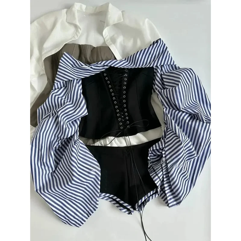 

Striped Pleated Patchwork Strap Shoulder Top Off Shirts Women's Waist Hot Shorts Short Pants Two Piece Sets Womens Outifits Tops