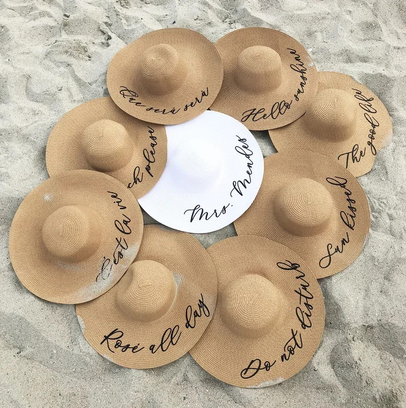 Sombreros de playa personalizados para dama de honor, sombrero de despedida de soltera con nombre personalizado, regalo de recuerdo de boda en la