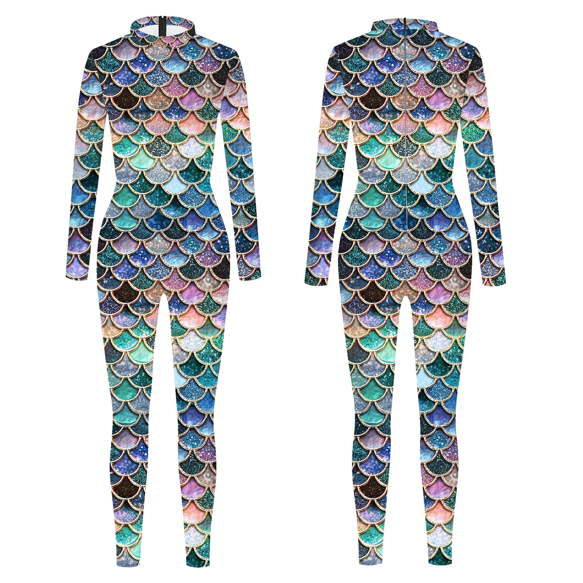 

New Digital Print Cosplay Costume Women's Tight Long Sleeve Jumpsuit High Waist Wide Leg Pants Silk Fabric Long Pants Jumpsuit