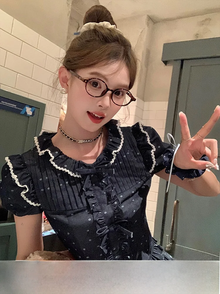 

Acaine Laine Diary Polka Dot Youthful Summer Two-Piece Denim Set for Young Women Cotton ort Sve round Ne Top And Skirt