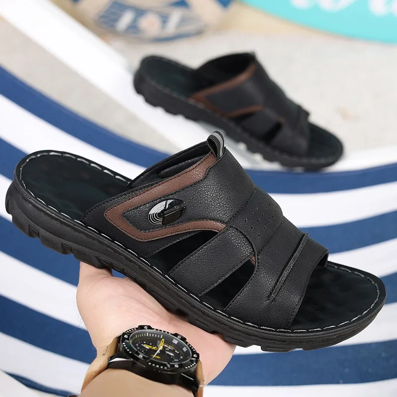 

Large Size Men Slippers High Quality Cowhide Leather Slippers Summer Casual Beach Slippers Outdoor Non-slip Flat Sandals for Men