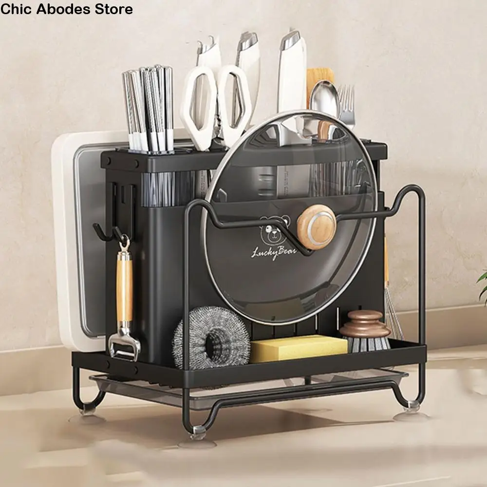 

Stable Cutter Holder Large Capacity Space Saving Cutlery Drying Rack with Water Tray Anti-slip Chopstick Bucket Kitchenware