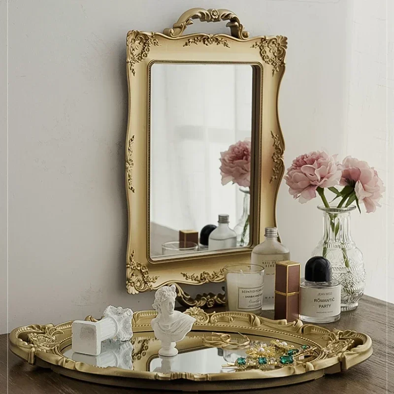 European Light Luxury Gold Mirror Tray Retro Carving Shooting Decorative Props Indoor Dressing Table Display Panel