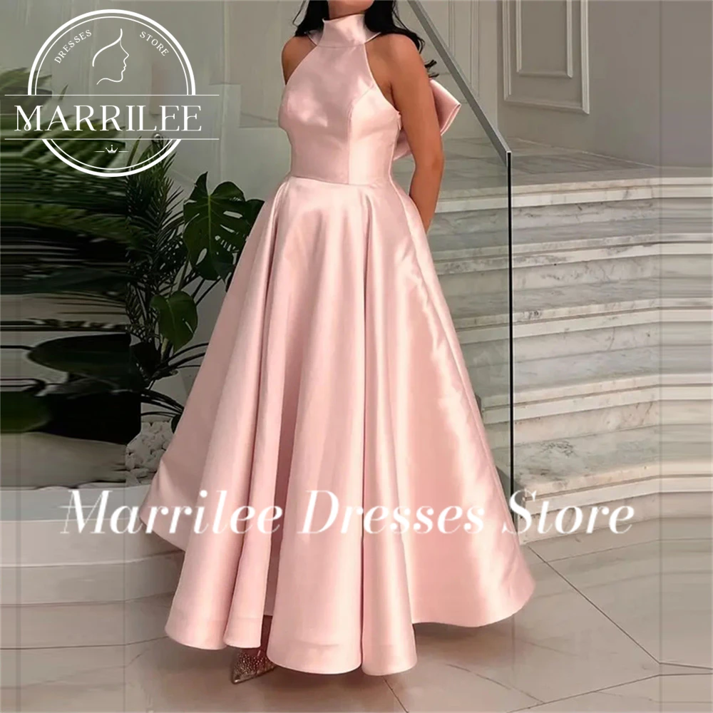 Marrilee Princess Pink High Neck Big Bow Stain Evening Dress Elegant A-Line Sleeveless Floor Length Pleated Prom Gowns Robe 2024