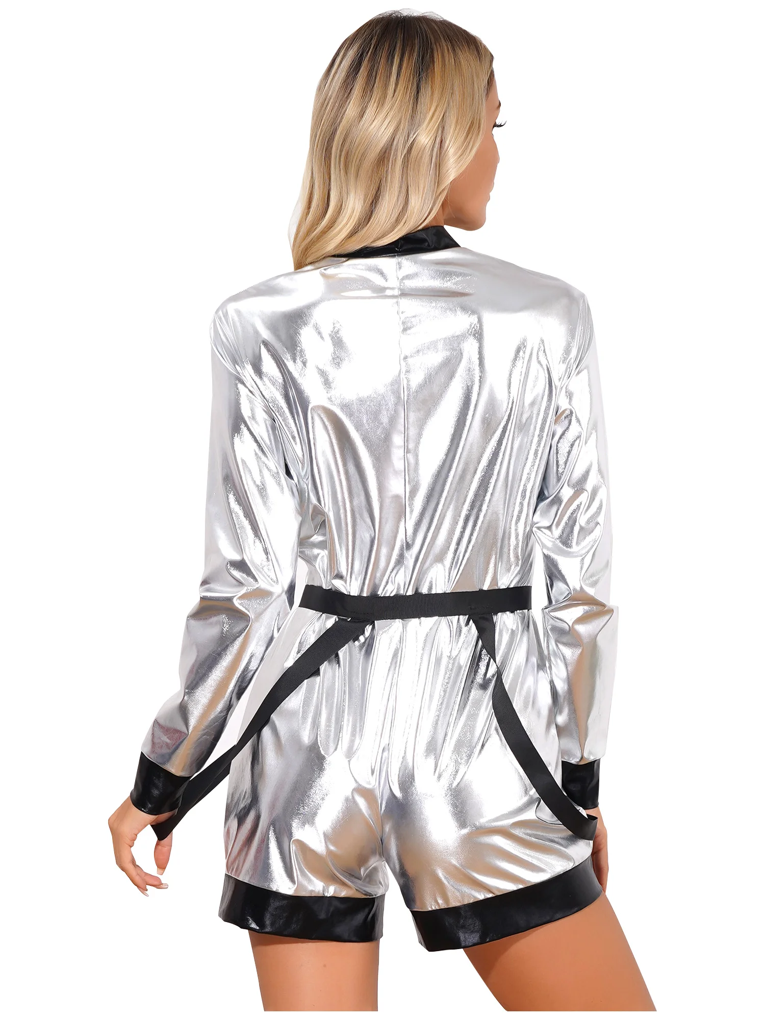 Metallic glänzender Astronauten overall für Damen mit Hüftgurt Boy shorts Bodysuit Karneval Anzieh kostüme Halloween Weltraum uniform