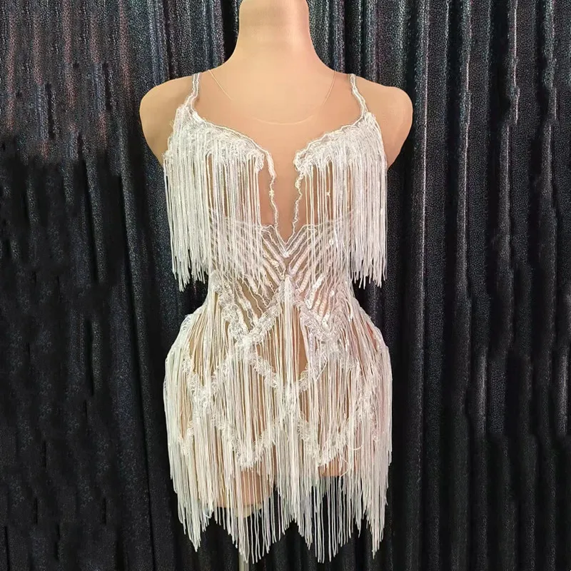 

Bar Nightclub Sexy See Through Stage Wear DJ Pole Dance Costume White Sequins Tassel Mesh Bodycon Mini Dress Party Show Clothes