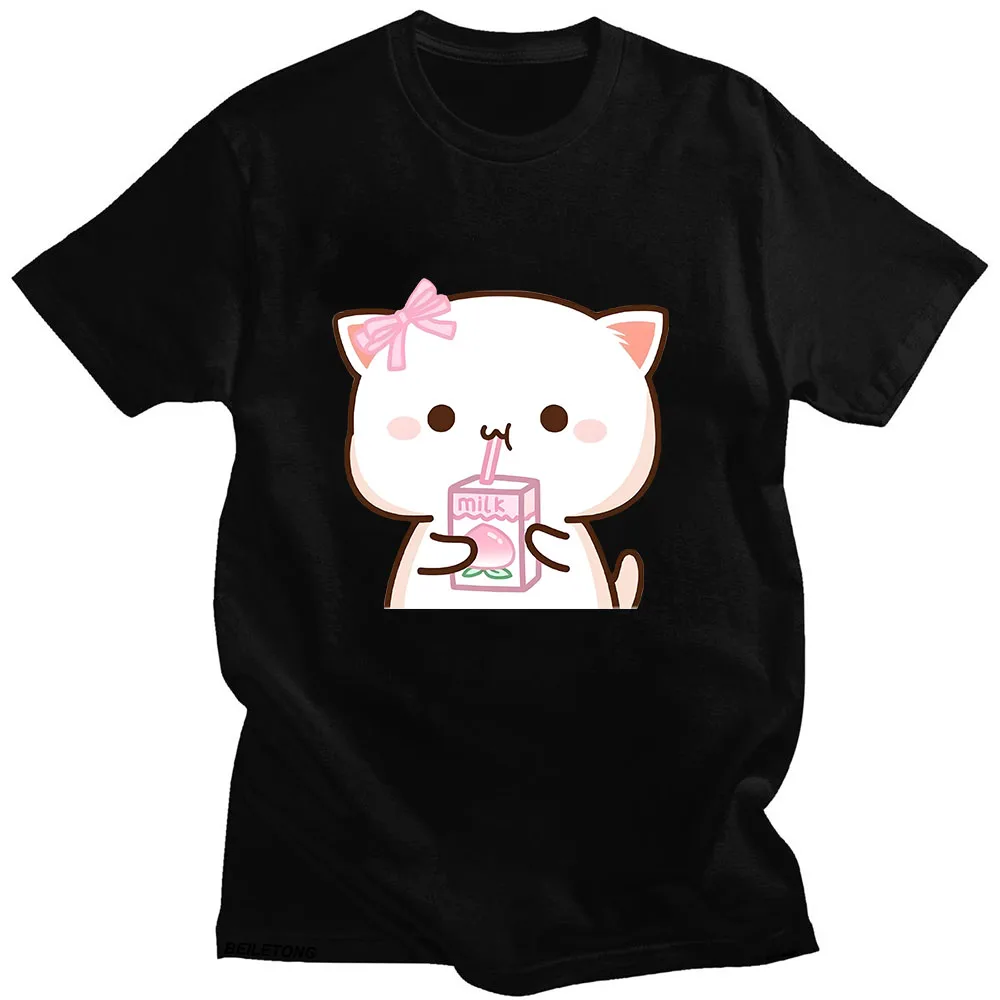 Peach Mochi Cat Emoticon Drink Peach Milk Cartoon T-shirts WOMEN Kawaii/Cute T Shirts 100% Cotton Tshirts Appliques Tees Fashion