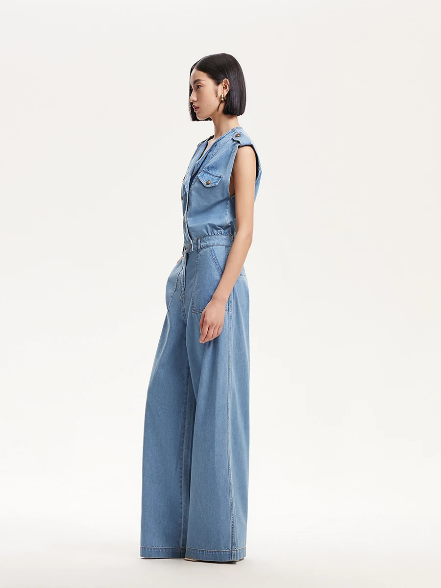 Combinaison en Denim taille haute décontractée pour femmes, Svel Lenzing, coupe cintrée, pantalon à jambes droites, confortable et respirante, combinaison d'été