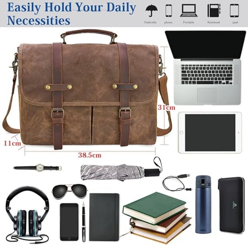 Mens Messenger Bag 15.6 Inch Waterproof Vintage Genuine Leather Waxed Canvas Briefcase Large Leather Computer Laptop Bag Rugged