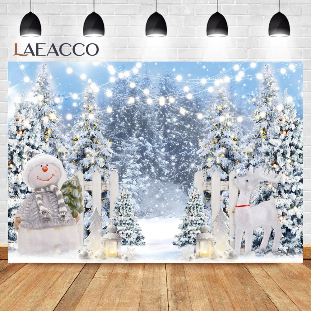 Winter Christmas Xmas Tree Photo Backdrop Snow Forest Moon Star Fence New Year Family Party Photography Background Photo Studio