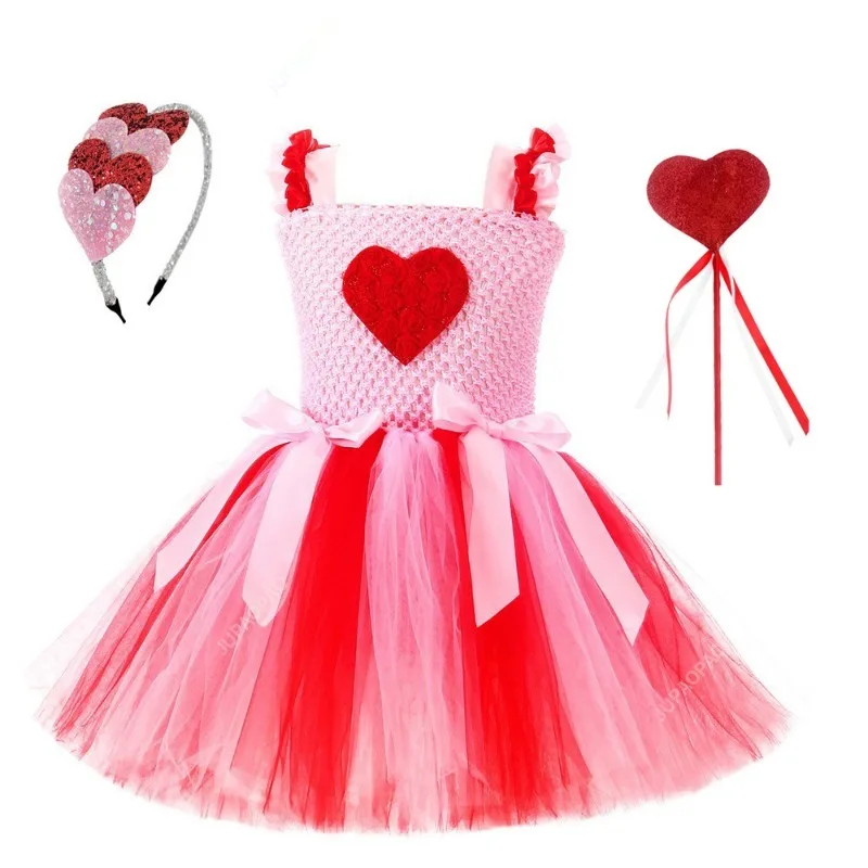 Valentine's Day Princess Dresses for Girls Sweet Hearts Ballet Tutus Costumes for Kids Birthday Party Outfit with Hair Bow Wand