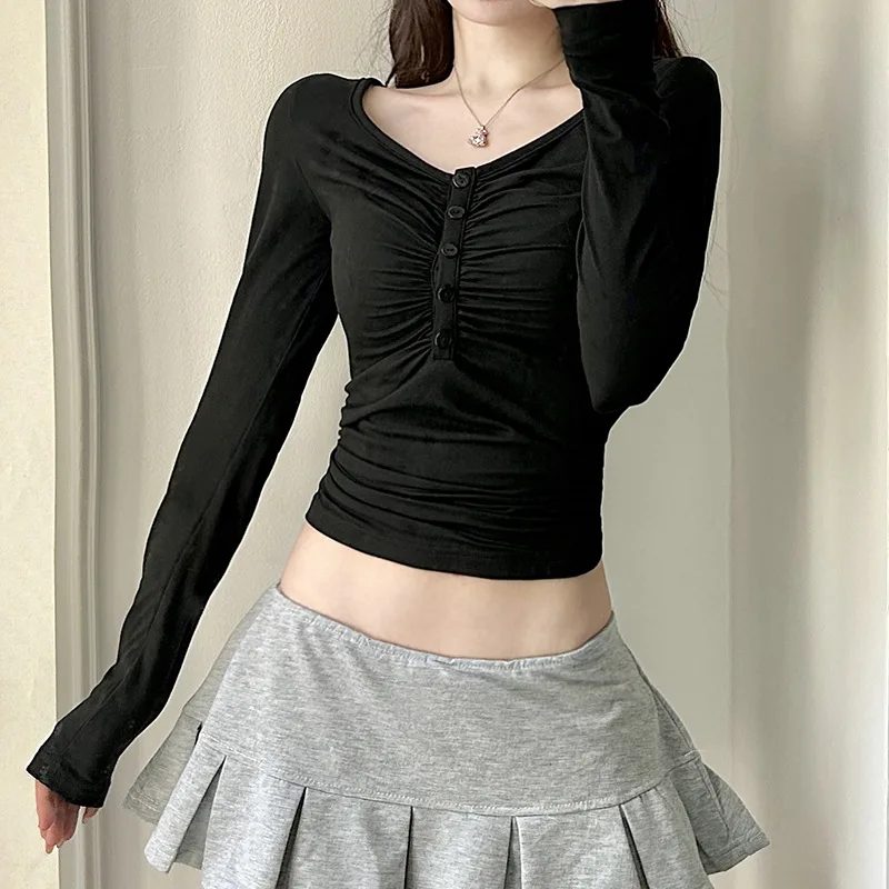 Basic pleated design buckle V-neck spicy girl slim fit elastic base long sleeved T-shirt image 5
