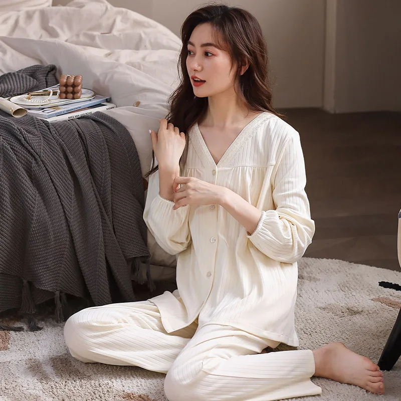 

Spring Women Lace V-Neck Pajamas Sets Cotton Female Cardigan Pyjamas Two Pieces Shirts + Pants Nighties Big Yards 3XL Sleepwear