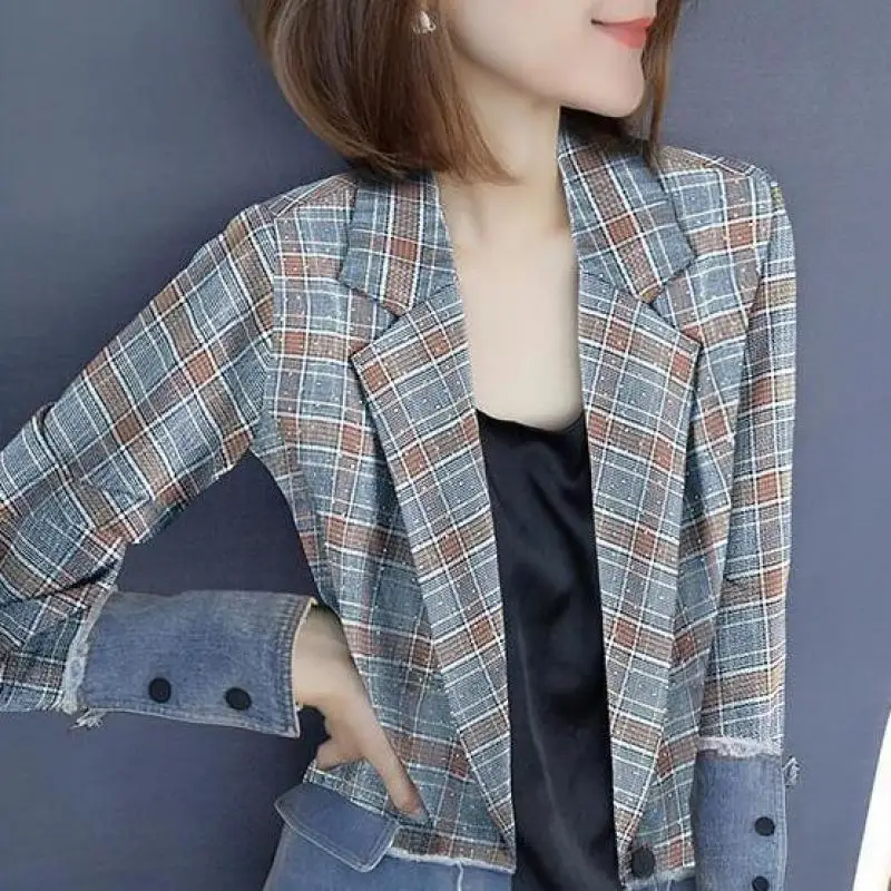 Korean Commuter 2024 Autumn New Ladies Notched Patchwork Plaid Button Elegant Loose All-match Classic Long Sleeve Blazers Coats