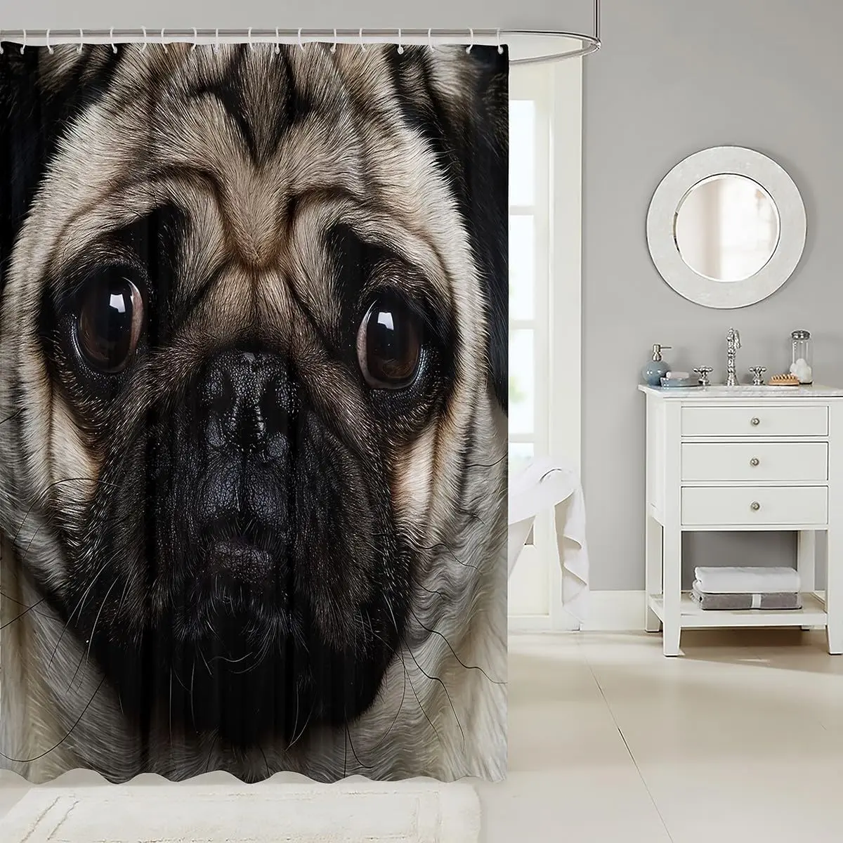 Funny Pug Face Shower Curtain, Giant Dog Head Close-up Bath Decor, Realistic Pet Portrait, Waterproof Polyester Fabric