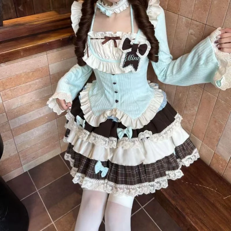 

Japanese Female Y2k Aesthetics JK Suit Sweet Lolita Style Skirt Sets Women Kawaii Long Sleeved Cardigan Ruffles Bow Mini Skirts