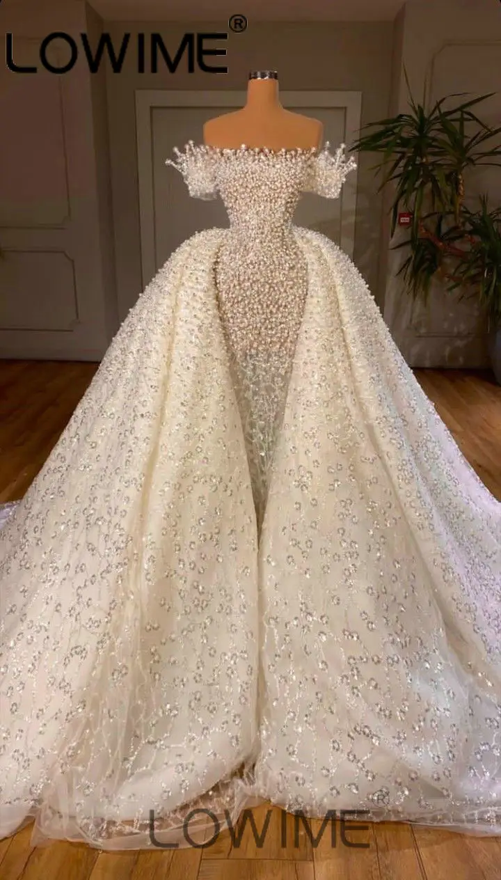 Dubai Gorgeous Off the Shoulder Mermaid Wedding Dresses Arabic Sparkle White Luxury Pearls Bridal Gowns with Detachable Train