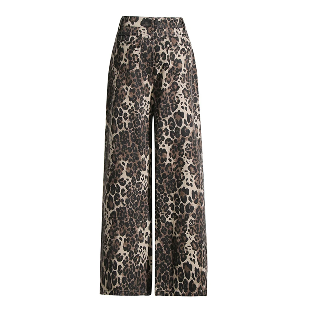 VGH Streetwear Leopard Impressão Calças Jeans Para As Mulheres De Cintura Alta Emendado Bolsos Oco Out Chic Calças Perna Larga Estilo Feminino