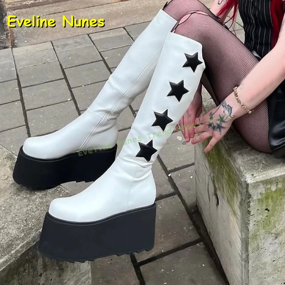 Y2K White Star Pattern Platform Long Boots for Women Gothic Punk Thick Sole Knee High Boots for Festival Club Wear Street Style