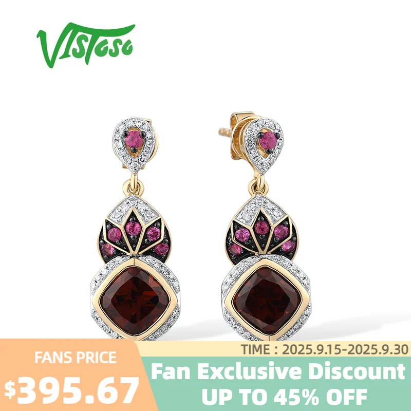 

VISTOSO Gold Earrings For Women Pure 14K 585 Yellow Gold Sparkling Diamond Rhodolite Garnet Ruby Chic Drop Earrings Fine Jewelry