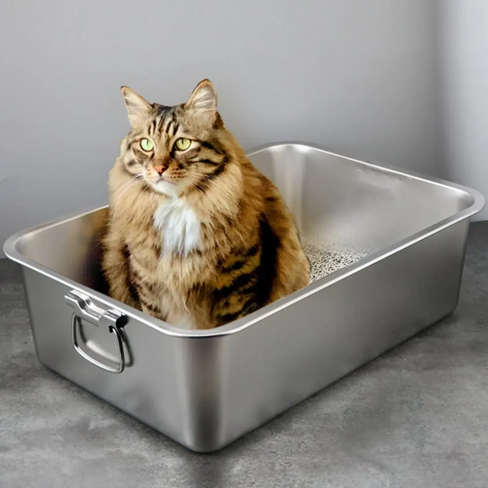 

Easy to Clean Cat Litter Box Durable Spacious Rectangle Stainless Steel Cat Litter Box Low Entry Open Design for Easy Access Pet