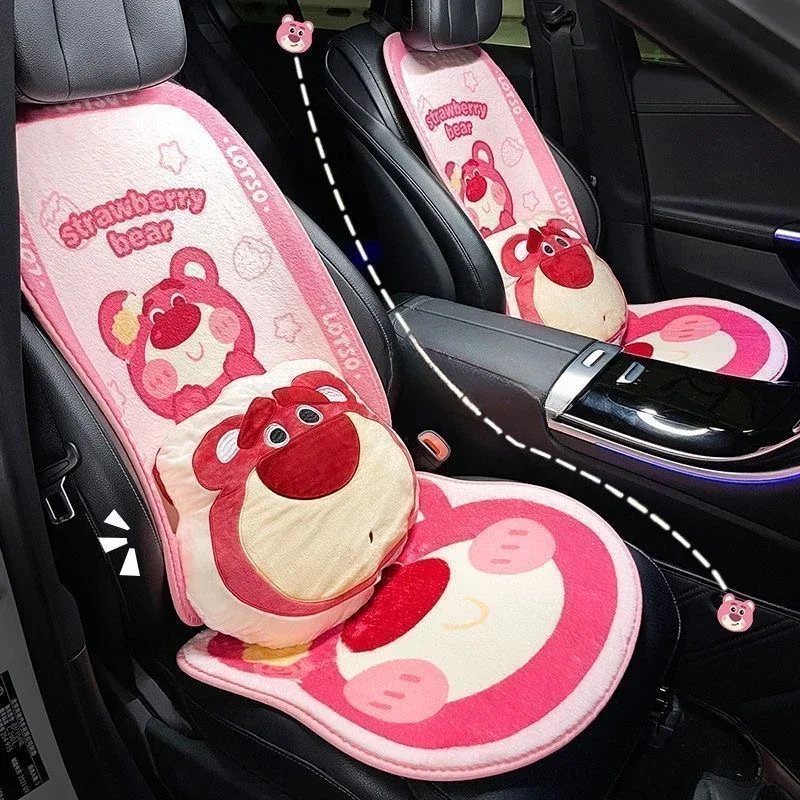 Cartoon Lotso Strawberry Bear Plush Car Seat Cushion Soft Comfortable Universal Vehicle Seat Cover Skin-Friendly Cute Pad