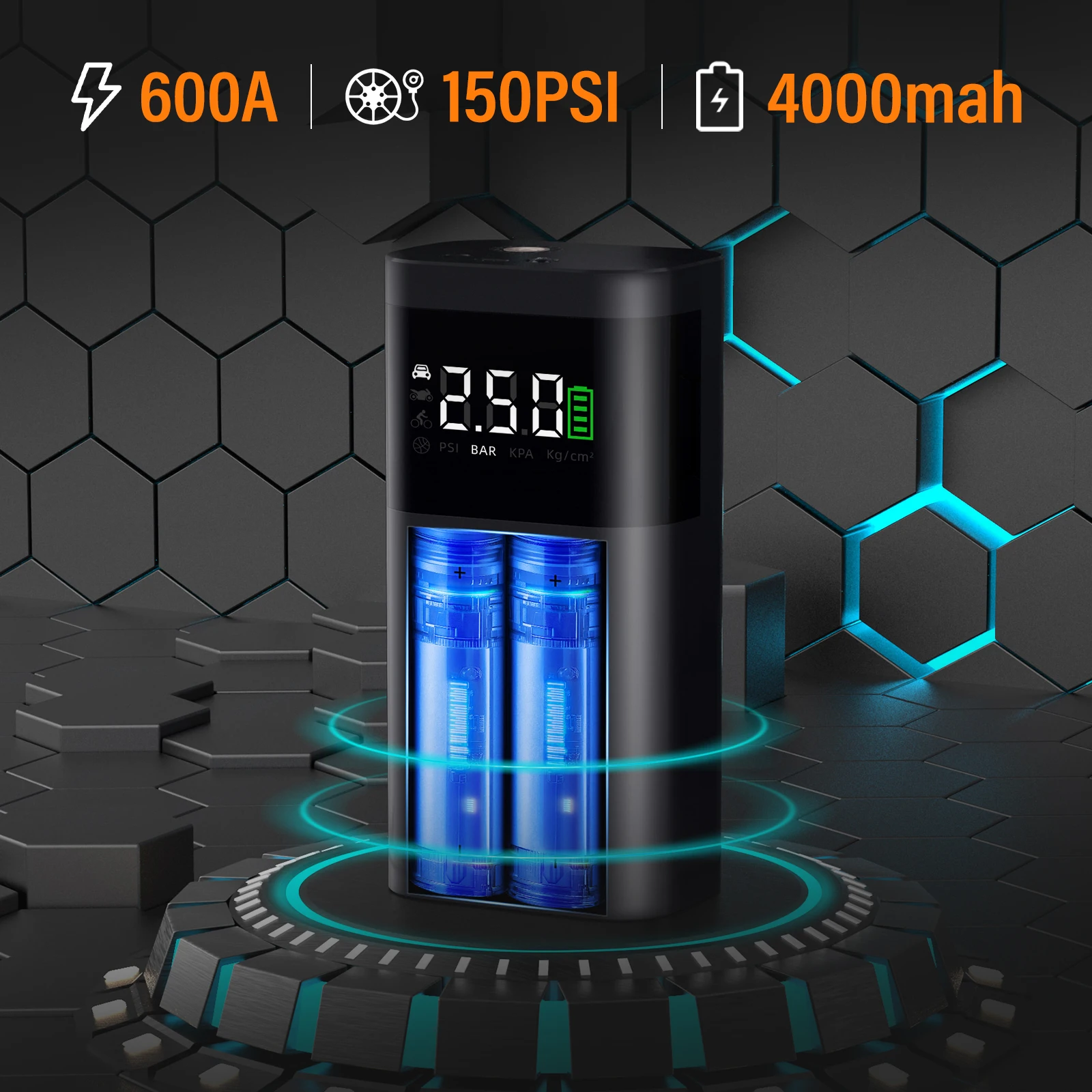 Avviatore di Emergenza per Auto 600A con Compressore d'Aria 150PSI 4000mAh | Ricarica USB 5V2A | Compressore d'aria portatile e power bank di emergenza per