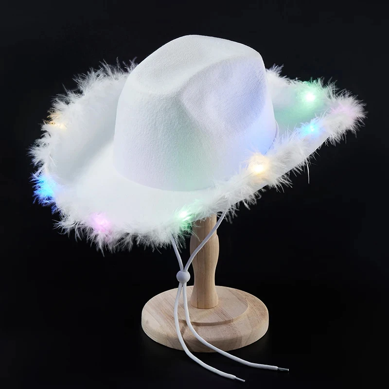 Fun Club Party Disco Pink Cowgirl Hat  Funny With Colorful LED Light Feather Trim Cowboy Hats Women Men Holiday Dress Up Gift