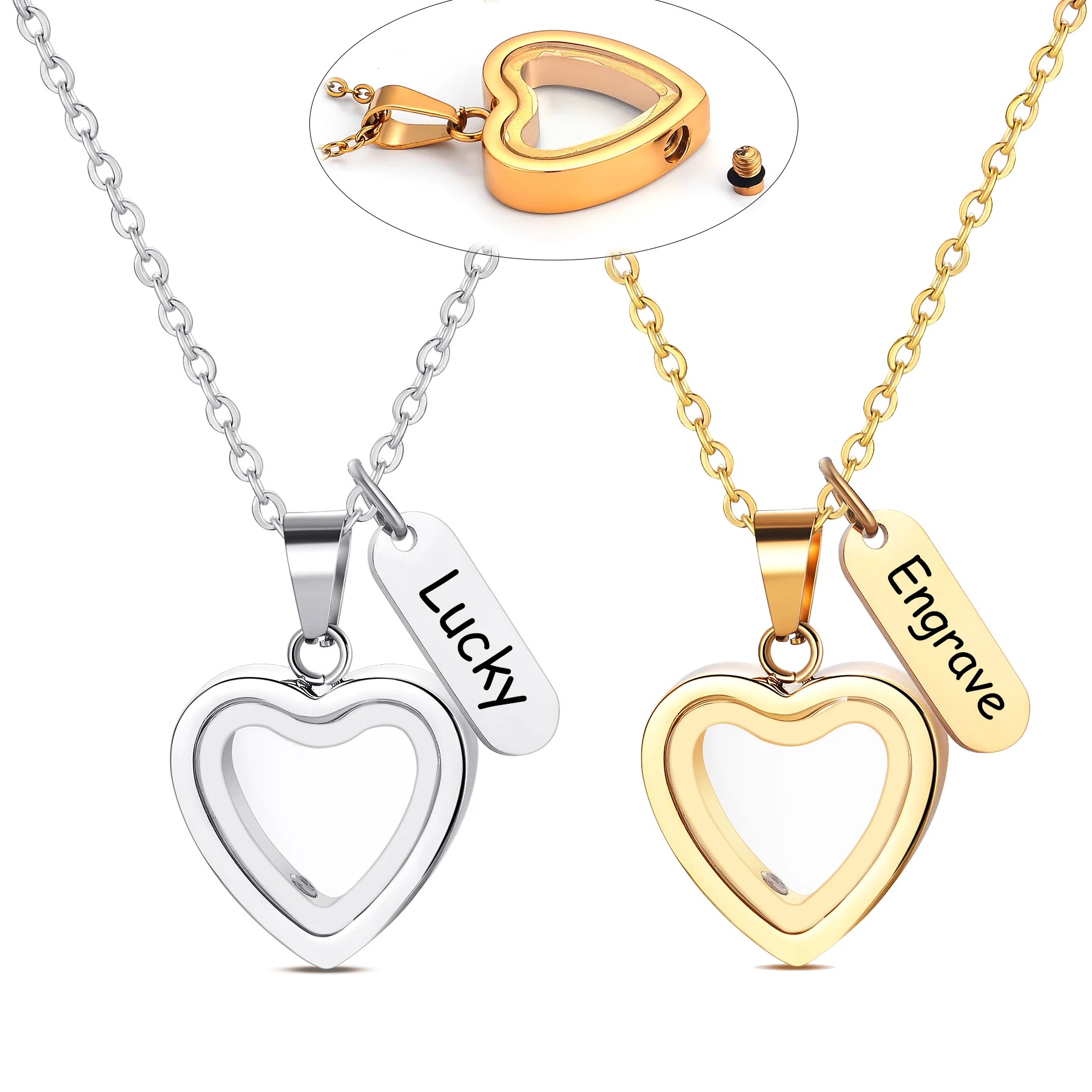 

Heart Glass Urn Necklace for Ashes Cremation Memorial Lockets Stainless Steel Keepsake Jewelry Engraved Name Date Dropshipping